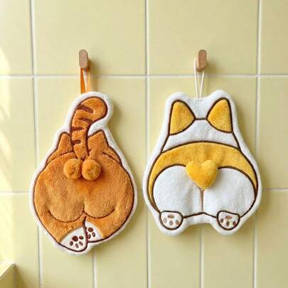 Joivida 柯基屁股猫咪挂式厨房毛巾套装 - 吸水性强，可重复使用的小毛巾，可爱卡通动物洗碗巾，潮流家居装饰，宠物爱好者趣味礼物，纯棉速干手巾，适用于浴室和厨房，柔软可水洗面巾