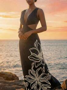 CAJUNI Vacation Beach Floral Print Hollow Out Sleeveless Dress, Long Beach Dress For Woman - Black - View 6
