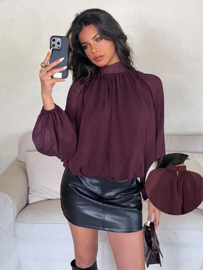 Aloruh Women's Solid Color Stand Collar Raglan Lantern Sleeve Pleated Fashion Blouse Fall Clothes Fall Clothes For Women All Outfits Women  Fall Outfits For Women Fall Outfits Autumn Clothes Women's Fall Clothes Brown Blouse Burgundy Top Back To School School Clothes  Back To School Clothes School Clothes Back To School Outfits Women  Homecoming  School  Flowy Top Purple Long-Sleeved Shirt For A Romantic Date
