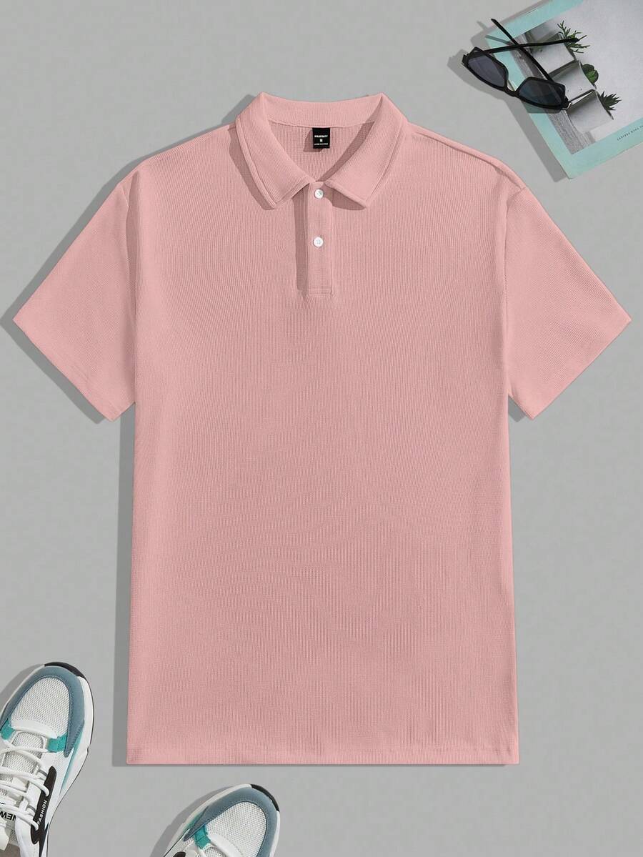 SWAVVY Men's Casual Solid Color Short Sleeve Knit Polo Shirt,Soft Pink,Summer,Golf,Versatile Men's Clothes,Collar Pink Tops - Pink - View 1