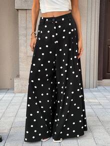 Pariaura Women's New Summer Vacation Style Black Polka Dot Wide-Leg Pants - High-Waisted, Flowy, Loose & Slimming Casual Trousers For Vacation & Travel - Black - View 4