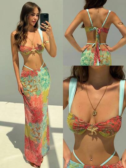 Aloruh Women's Floral Print Crop Cami Top And Skirt 2 Pieces Suit Set, Sexy Vacation Style Summer Summer Outfits Summer Clothes Beach Outfits For Woman Beach Vacation Vacation Outfits Woman Boho Tropical Vacation Woman Clothe Gyaru Floral Backless American Flag Bikini 4th Of July Swimsuit Cashew Flower Contrast Pattern Swimsuit Set Is Wild, Sexy And Charming