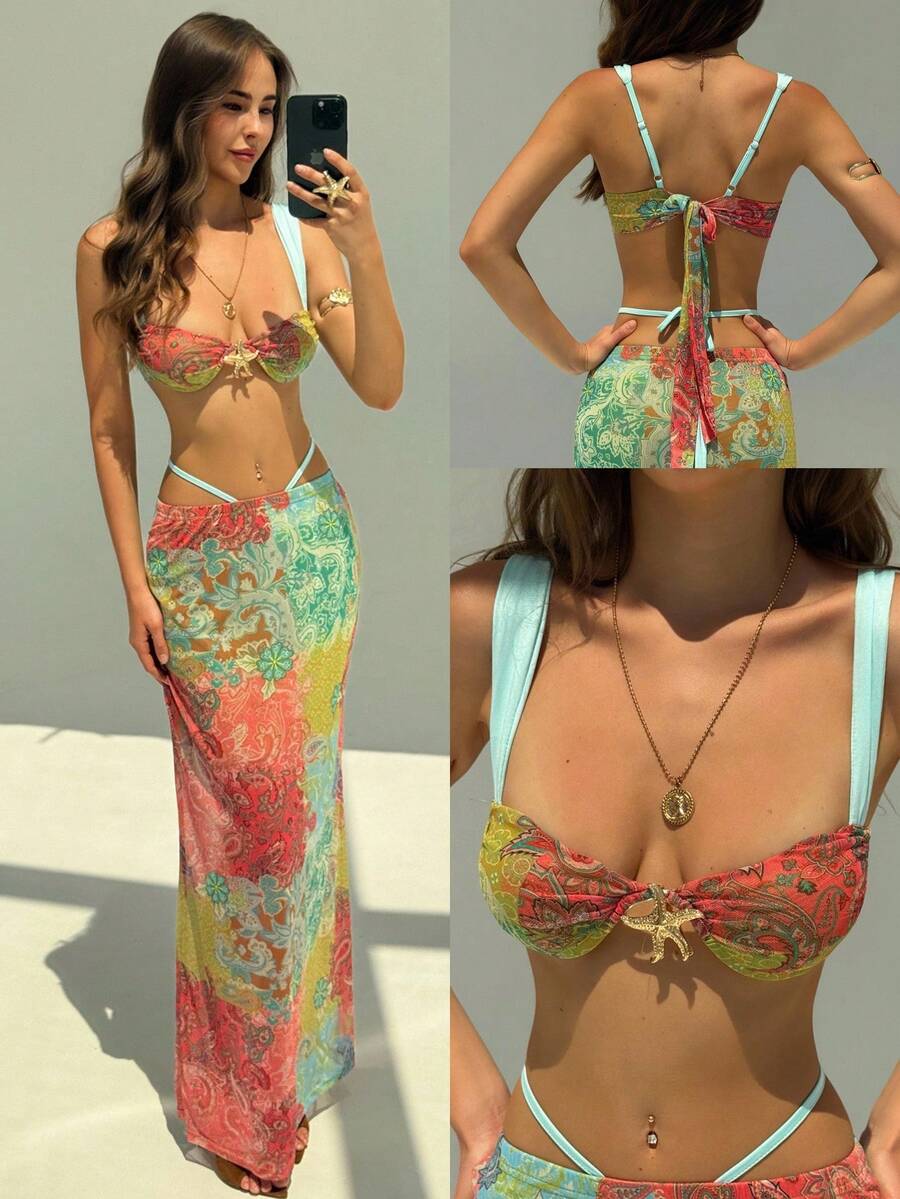 Aloruh Bộ đồ hai mảnh gồm áo croptop và chân váy in hoa dành cho nữ, phong cách nghỉ mát gợi cảm, trang phục mùa hè, quần áo đi biển cho nữ, trang phục du lịch biển, trang phục nghỉ mát cho nữ, phong cách Boho nhiệt đới, quần áo nữ Gyaru, bikini hở lưng in hoa cờ Mỹ, đồ bơi ngày Quốc khánh 4 tháng 7, bộ đồ bơi họa tiết hoa điều tương phản hoang dã, gợi cảm và quyến rũ.