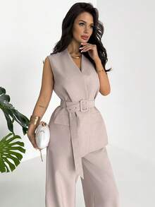 Firerie 女士优雅简约时尚通勤都市休闲日常V领腰带无袖背心和高腰阔腿裤米色卡其色两件套 - 杏色 - 查看 3