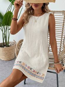 EMERY ROSE Summer Casual Beach Vacation Cotton Linen Textured Apricot Sleeveless Shift Dress For Women Women Sundress Summer Boho Summer Dress Women Summer Casual Dress Casual Sundress - Beige - View 8