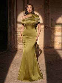 Aureia Đầm cỡ lớn thanh lịch, lãng mạn, gợi cảm, màu xanh quân đội, chất liệu satin co giãn, cổ bất đối xứng, kiểu yếm, đuôi cá có tà dài, thích hợp cho các buổi tiệc sinh nhật, đám cưới, phù dâu, lễ hội, tiệc tùng, sinh nhật. - màu xanh lá - Xem 7