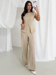 Firerie 女士优雅简约精致浪漫时尚通勤都市现代新款潮流不对称领3D立体花卉金属纽扣收腰袖西装外套和高腰阔腿卡其色套装，2件套 - 卡其色 - 查看 4