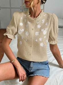 Easowa 女士休闲刺绣纯棉白衬衫，适合度假穿着 - 卡其色 - 查看 4