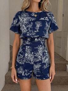 Easowa 复古印花圆领衬衫，下摆褶皱，腰部带褶边口袋，搭配短裤，休闲优雅两件套，适合春夏穿着。女士两件套夏季服装，两件套短裤套装，女士度假服装，女士两件套休闲两件套，女士短裤套装。 - 藏蓝色 - 查看 5