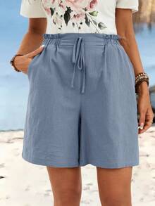 Sylviya Quần short vải lanh màu trơn, kiểu dáng thường ngày. - Màu xanh bụi bặm - Xem 5