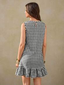 Wildy 新款夏季美式西部乡村度假浪漫荷叶边绿色格子迷你连衣裙 - 黑與白 - 查看 4