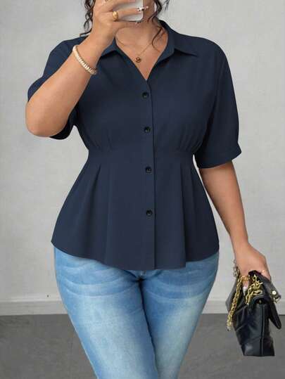 Elenzga Plus Size Women's Solid Color Fashionable Office Short Sleeve Blouse