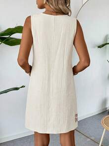 EMERY ROSE Summer Casual Beach Vacation Cotton Linen Textured Apricot Sleeveless Shift Dress For Women Women Sundress Summer Boho Summer Dress Women Summer Casual Dress Casual Sundress - Beige - View 2