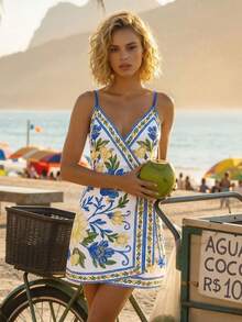 CAJUNI Vestido de verano con estampado floral y lazos en los tirantes para mujer - Azul - Ver 4