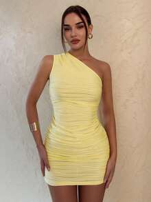 Glamine 女士优雅性感不对称肩部褶皱紧身迷你连衣裙 - 鵝黃色 - 查看 4