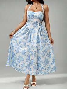 SHEIN PETITE Women's Romantic Floral Print Halter Mid-Length Dress - Blue and White - View 3