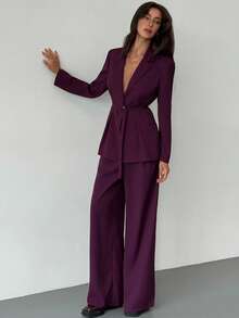 Aloruh 紫色优雅商务西装外套和裤子套装 - 中紫紅色 - 查看 7