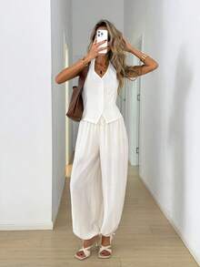 Easowa Women's All White Summer Chic Brunch Linen Two Pieces Set,Elegant Solid Color Halter Top And Baggy Wide Leg Pants,Casual Commuter Pant Suit Jumpsuit - Apricot - View 1