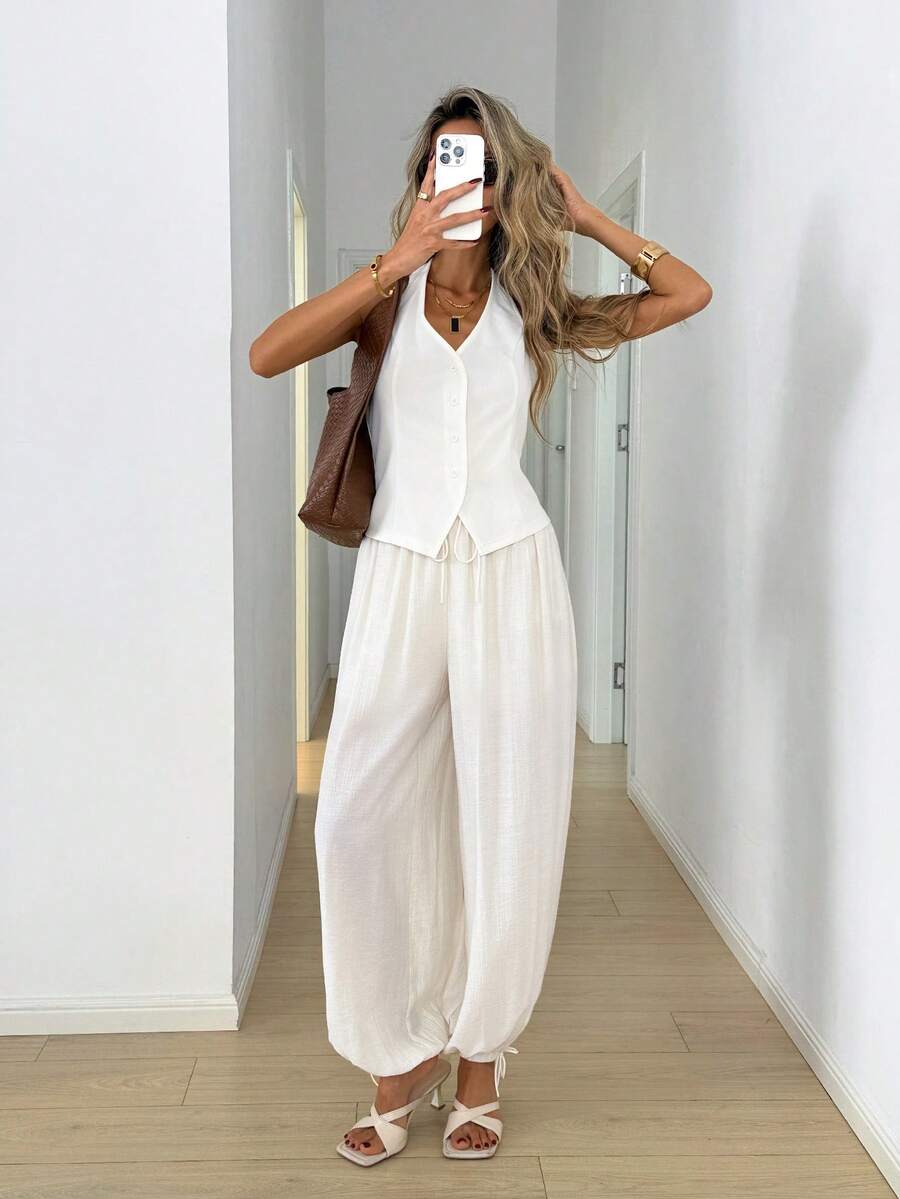 Easowa Women's All White Summer Chic Brunch Linen Two Pieces Set,Elegant Solid Color Halter Top And Baggy Wide Leg Pants,Casual Commuter Pant Suit Jumpsuit - Apricot - View 1