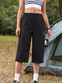 SHEIN In My Nature Women's Elastic Waist Drawstring Outdoor Running Capri Pants - Black - View 2