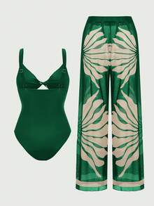 Swim Oasis Bộ đồ bơi liền thân khoét rỗng họa tiết cây nhiệt đới dành cho nữ, kèm áo khoác ngoài và quần, thích hợp cho kỳ nghỉ. - màu xanh lá - Xem 4