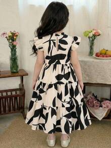 SHEIN LMoss Kids 少女夏季度假风印花荷叶边袖口系带腰部层叠下摆连衣裙 - 彩色 - 查看 2
