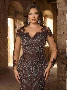 Aureia 大码优雅浪漫棕色深V领长袖薄纱贴花装饰奢华亮片网纱拼接美人鱼下摆紧身连衣裙，适合网红婚礼派对正式晚宴（重工装饰设计） - 棕色 - 查看 6