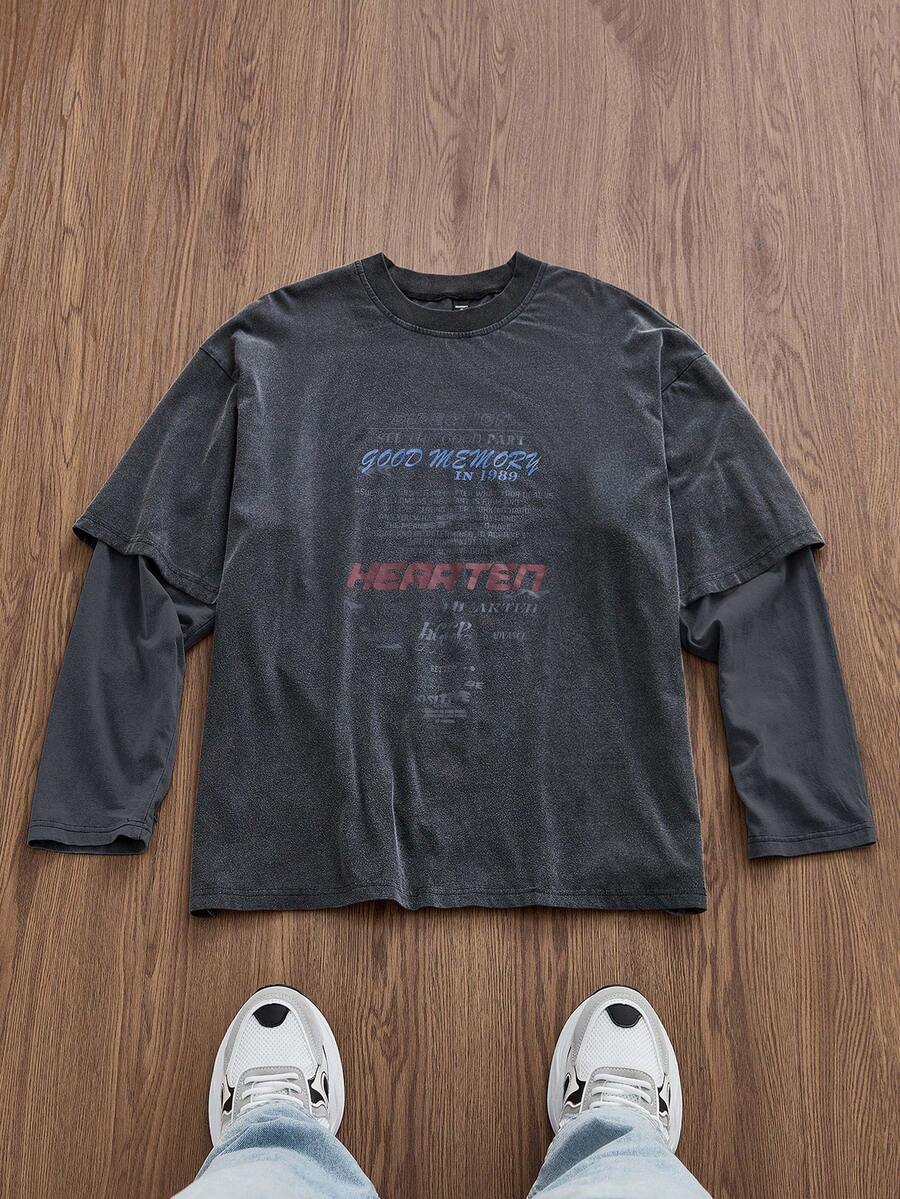 SWAVVY 男士针织休闲日常宽松长袖T恤，印有英文图案，年轻时尚 - 黑色 - 查看 1