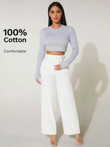 SHEIN PETITE 高腰阔腿夏季连衣裙裤，100%纯棉 - 白色 - 查看 6