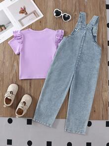 Elladie kids 新款4-7岁女童春夏圆领短袖T恤和牛仔背带裤套装，刺绣贴片设计，适合休闲、度假、上学、户外活动 - 彩色 - 查看 2