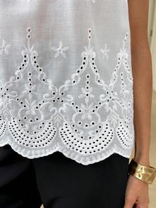 Easowa 女士花卉刺绣圆领短袖宽松休闲衬衫 - 白色 - 查看 7