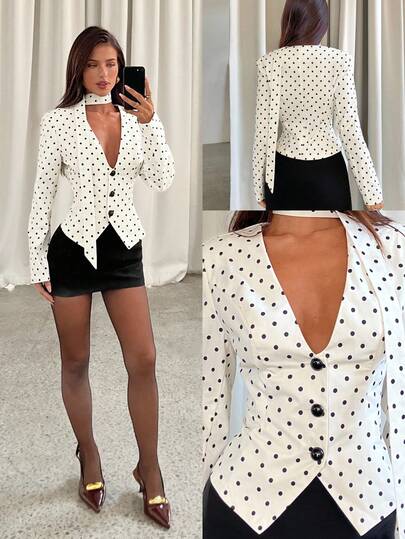 Aloruh Women's White With Black Polka Dots Blazer,Elegant French Deep V-Neck Slim-Fit Suit Jacket For Summer Date Office,Commuter Chic Back To School Teacher