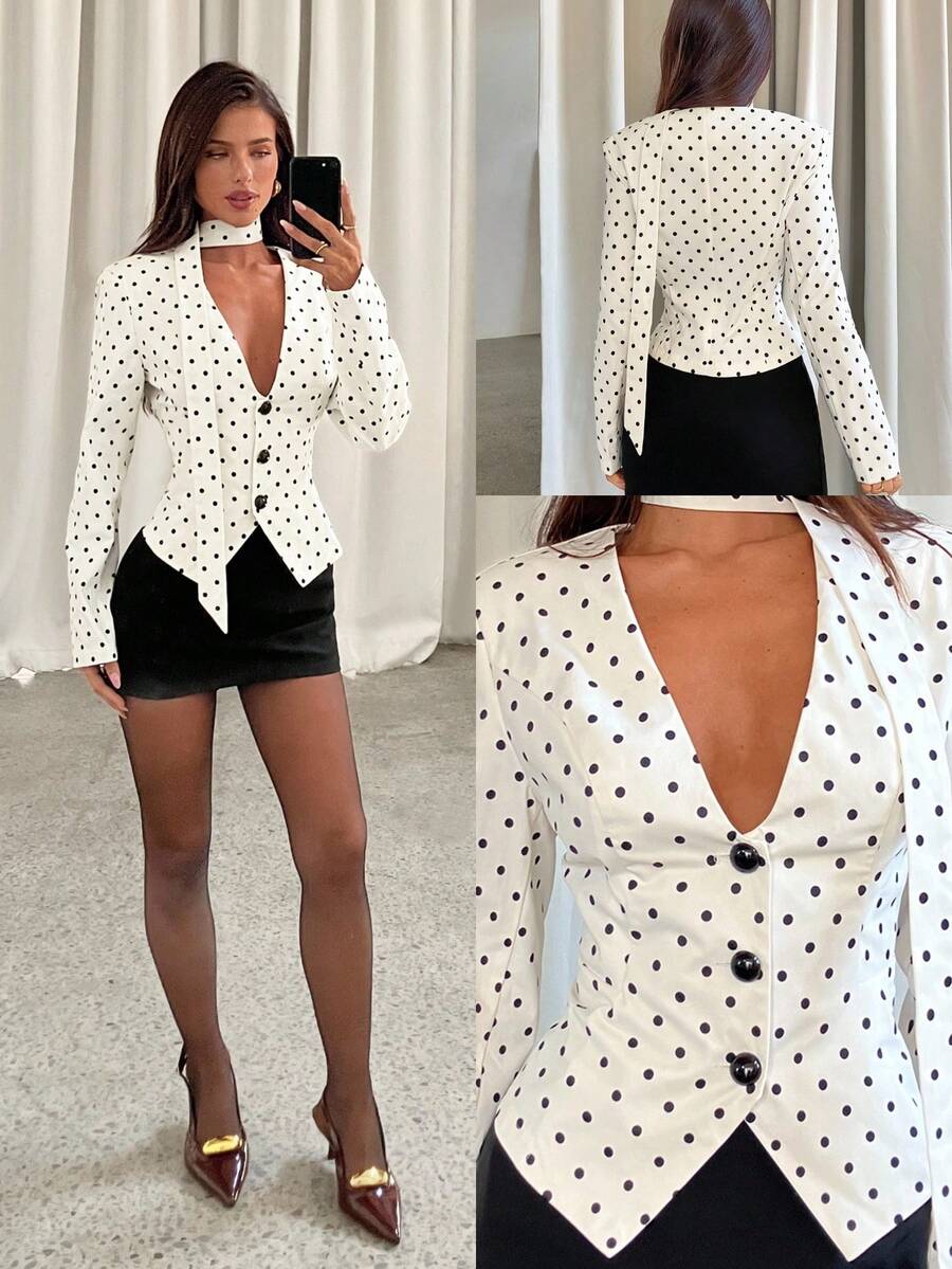 Aloruh Áo blazer nữ thanh lịch họa tiết chấm bi, thích hợp mặc đi làm, mùa thu, dành cho tất cả phụ nữ. Áo blazer nữ mùa thu đông, phong cách thanh lịch, phù hợp cho giáo viên, đi học. Áo khoác dáng ôm cổ chữ V sâu với dây buộc riêng, thanh lịch và đơn giản, lãng mạn, thích hợp cho đi làm hoặc hẹn hò, họa tiết chấm bi đen trắng.