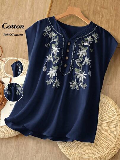 Rusticease Women's Summer Vacation Casual Embroidered Blouse