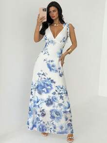Firerie 女士优雅浪漫端庄假日派对婚礼宾客伴娘沙滩V领蝴蝶结吊带蓝白印花网纱透视长裙，春夏女士连衣裙蓝白印花连衣裙蓝色印花连衣裙女士印花长裙 - 藍白色 - 查看 3