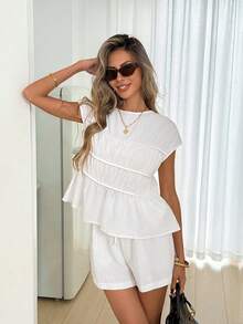 Easowa 夏季休闲通勤纯色衬衫短裤套装 - 白色 - 查看 6