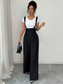 Elenzga New Arrival Black Herringbone Linen French Elegant Fashion Design High Cinched Waist Straight Wide Leg Loose Casual Everyday Versatile Jumpsuit For Women - Black - View 3