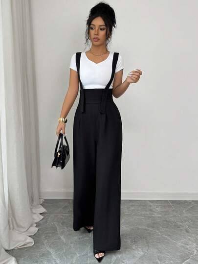 Elenzga New Arrival Black Herringbone Linen French Elegant Fashion Design High Cinched Waist Straight Wide Leg Loose Casual Everyday Versatile Jumpsuit For Women