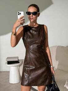 Lavishia 无袖收腰A字型时尚PU连衣裙 - 摩卡棕 - 查看 3