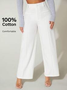 SHEIN PETITE 高腰阔腿夏季连衣裙裤，100%纯棉 - 白色 - 查看 3