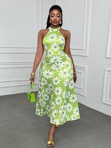 Xyvia 女士绿色印花无袖高领收腰修身A字连衣裙，优雅设计，适合情人节、复活节、劳动节、生日、约会、派对、正式场合、教师装、旅行、春夏穿着。 - 綠色 - 查看 5