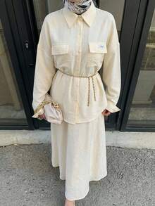 Solavon Bộ đồ nữ thường ngày gồm áo và chân váy màu trơn, thích hợp mặc đi làm. - Vàng nhạt - Xem 9