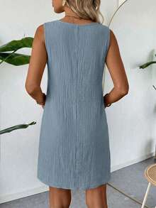 SHEIN LUNE 夏季休闲沙滩度假棉麻质感杏色无袖连衣裙（女款） - 藍色 - 查看 2