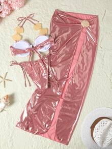 Bonvoyette New Women's Shell Ruched Shiny Tankini Bikini Set Set With Long Skirt - Pink - View 6