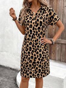 EMERY ROSE Leopard Print Casual Batwing Sleeve Dress, Summer For Women Women Shirt Dress Leopard Dress - Mocha Brown - View 6