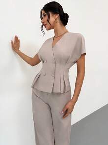 Firerie Women's Elegant Minimalist Fashion Commuter Urban Chic New Arrival Waist Cinched V-Neck Double-Breasted Blazer Jacket And High-Waisted Wide-Leg Pants Two Pieces Suit Set, Apricot And Khaki - Apricot - View 6