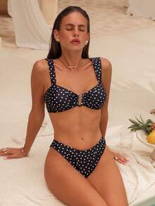 Swim Mod 波点设计时尚沙滩比基尼套装，女童款，夏季热销单品 - 黑色 - 查看 4
