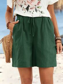 Sylviya 休闲纯色棉麻短裤 - 墨綠色 - 查看 4