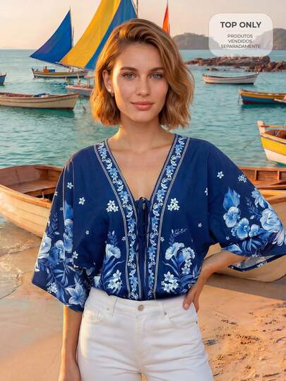 CAJUNI Floral Navy Bodysuit With Loose Sleeves And Front Tie. Elegant Summer Vacation Style.
