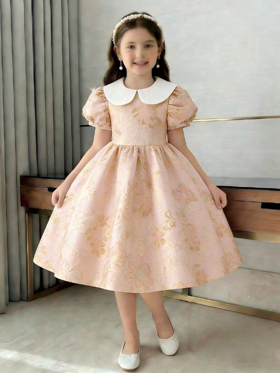 SHEIN 女童碎花束腰泡泡袖连衣裙,优雅派对礼服,泡泡袖设计,适合所有季节 - 粉色 - 查看 1